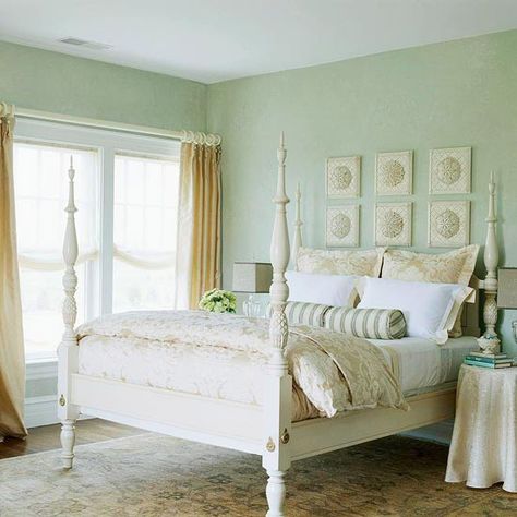 benjamin moore seafoam green... love the overall look Sea Green Bedrooms, Seaside Bedroom, River Cottage, White Bed, Green Bedroom, Lake Charles, Bedroom Retreat, Dreamy Bedrooms, Bedroom Green