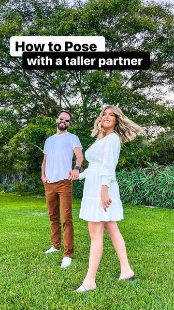 Bia | Posing & IG Coach on Instagram: "How to Pose with a Taller Partner #posingtips #howtopose #posingcoach #couplegoals❤️ #couplephotography #couplephoto #ootdinspirations #explorepage" Couple Poses For Taller Women, Taller Girlfriend Couples Photo Ideas, Poses For Couples With Same Height, How To Stand In Couple Pictures, Taller Woman Couple Poses, Kodak Moment, Posing Tips, Bridal Poses, Photo Poses For Couples