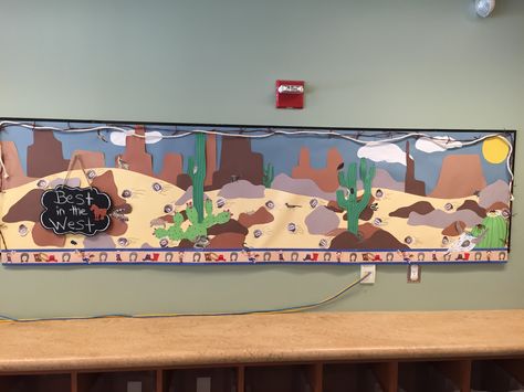 "Best in the West!" A Western-Desert themed bulletin board. Desert Classroom Decoration Ideas, Texas Classroom Theme, Desert Bulletin Board, Desert Classroom Theme, Summer Rooms, Sand Cats, Monumental Vbs, Cactus Decorations, Desert Crafts