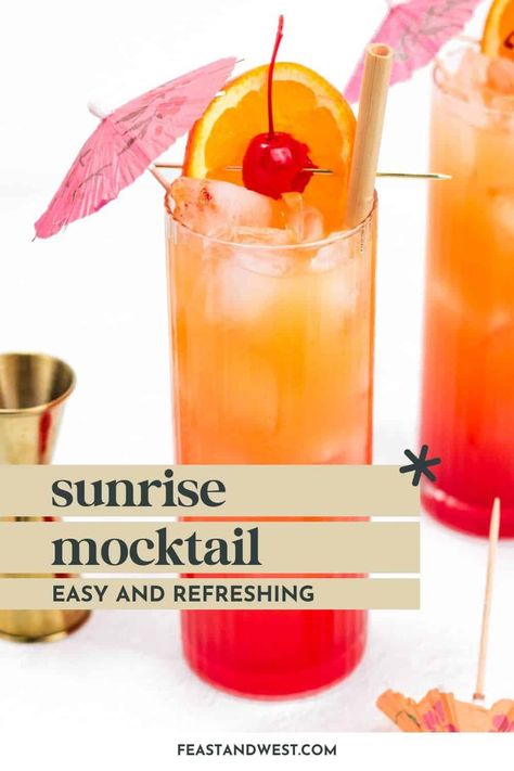 If you’re looking for a fun and fruity non-alcoholic beverage, then you’ll love this easy Sunrise Mocktail recipe. Using orange juice, lemonade and grenadine syrup, you can make a color effect that looks like the sunrise and tastes wonderfully delicious! Such a fun drink for any time of the year. https://feastandwest.com/2024/05/01/sunrise-mocktail/ Mocktails Orange Juice, Sunrise Mocktail Recipe, Tequila Sunrise Mocktail, Orange Juice Mocktail Recipe, Fruity Mocktails Non Alcoholic, Grenadine Mocktails, Recipe Using Orange Juice, Mocktails Lemonade, Orange Lemonade Recipe