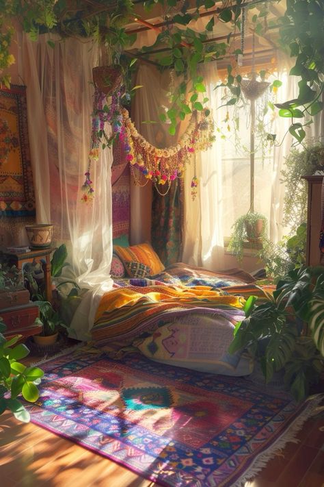 Magic Home Aesthetic, Colourful Boho Bedroom, Flowy Curtains, Fairy Core Room, Rustic Wooden Floor, Fairytale Room, Fake Vines, Colorful Cushions, Hanging Greenery