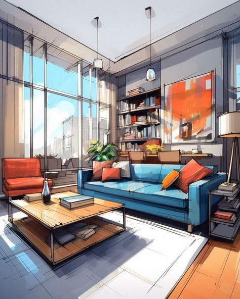 Artistic Interior Sketch Plans for Stylish Living Room Interior Drawing, Interior Drawing Room, Room Ceiling Design, Artistic Interior, Living Room Illustration, Living Room Designs India, Interior Architecture Sketch, Interior Design Sketchbook, Interior Drawing