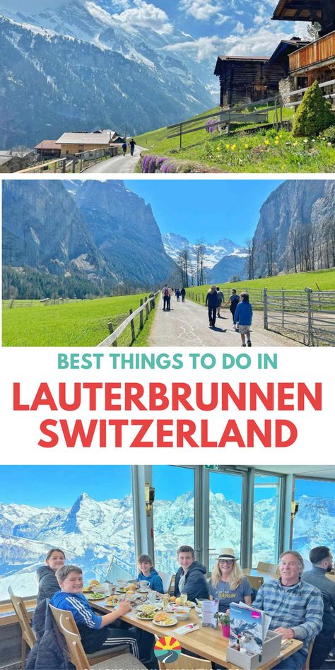 Kids walking on a path in a mountain town, family walking in the valley with mountains around them, family eating dinner with views of the mountains all around them. Text reads: BestThings To Do In Lauterbrunnen Switzerland. Switzerland Travel Itinerary, Things To Do In Zurich, Switzerland Summer, Switzerland Travel Guide, Lauterbrunnen Switzerland, Switzerland Trip, Switzerland Itinerary, Switzerland Vacation, Switzerland Cities