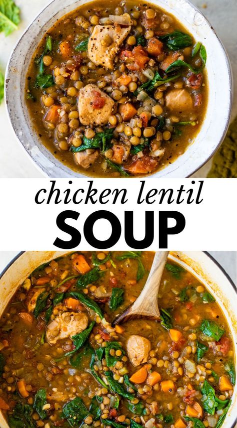 Lentil Soup Recipe With Meat, Lentil Bean Soup Recipes, Macro Friendly Lentil Soup, Lentil Chicken Noodle Soup, Crockpot Chicken And Lentils, Gf Chicken Soup, Lentil Soup Chicken, Chicken And Lentil Stew, Pork And Lentil Soup