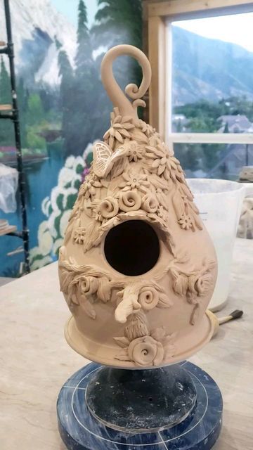 Hobble Creek Pottery on Instagram: "I've gone down the rabbit hole. This bird house got carried away and has a fairy touch of magic on the solstice. Sure not looking forward to glazing her. May the fairies be with me! #potterybirdhouses #hobblecreekpottery #smallpotterybusiness #pottery #ceramics #birdhouses" Hobble Creek Pottery, Ceramic Bird Houses Handmade, Clay Birdhouse, Rabbit Pottery, Pottery Projects, Ceramic Birdhouse, Coil Pots, Be With Me, Clay Things