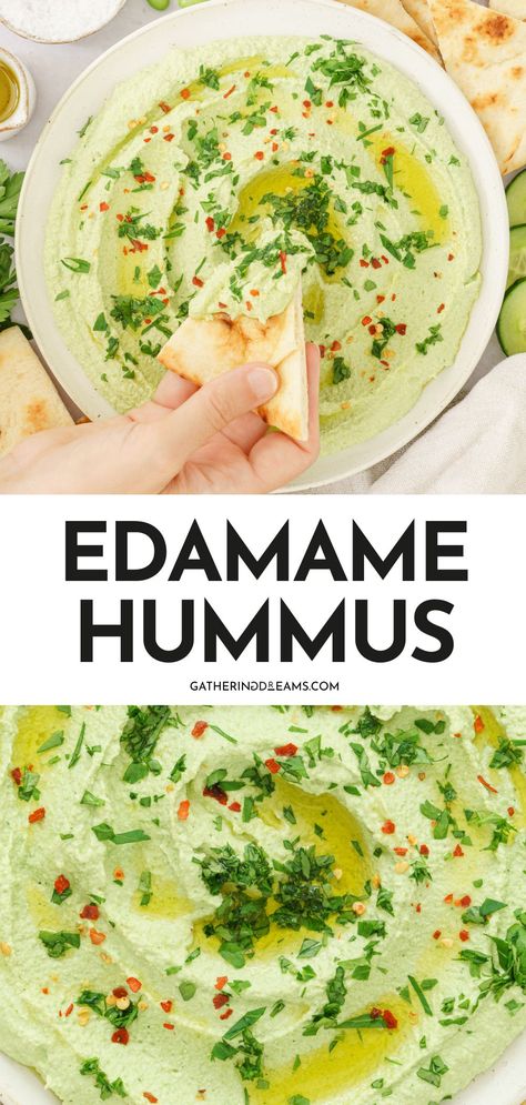 Nothing beats a portion of this creamy edamame hummus served with a handful of fresh vegetables or some warm pita bread! Not only is it loaded with tons of plant-based protein, but it’s bright, tangy, and oh-so-tasty. Edamame Recipes Snack, Edamame Dip, Edamame Pasta, Best Hummus Recipe, Classic Hummus, Edamame Hummus, Edamame Recipes, High Protein Snack, Protein Snack