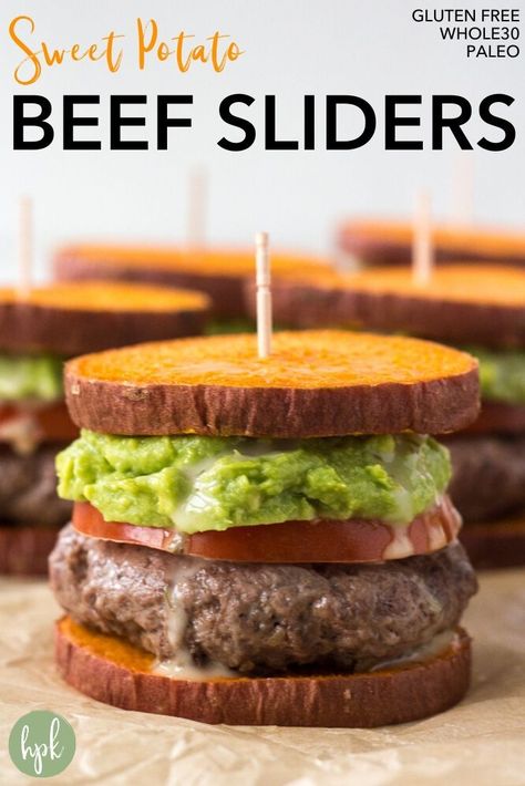 These Sweet Potato Sliders are the perfect healthy food for a crowd. Made with sweet potato buns and a beef patty covered in guacamole and ranch dressing, they're super tasty and a great game day recipe. A simple party food that's also paleo, gluten free, and Whole30 compliant. #sliders #hamburger #whole30 #paleo #beef Healthy Food For A Crowd, Sliders Hamburger, Healthy Gameday Recipes, Potato Sliders, Sweet Potato Sliders, Sliders Recipes Beef, Beef Patties Recipes, Potato Buns, Healthy Hamburger