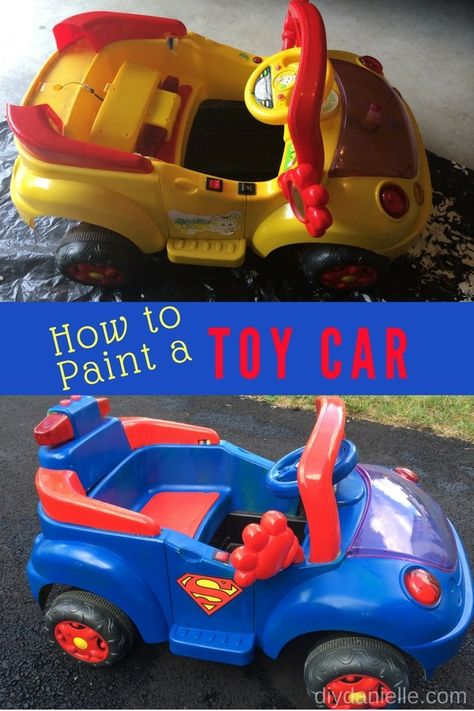 How to repaint a plastic toy car. Learn how to make this easy kids ride on superhero car. Toy Makeover, Kids Outdoor Toys, Upcycle Kids, Outdoor Fun For Kids, Kids Ride On Toys, Toy Cars For Kids, Painting Plastic, Work Diy, Kids Outdoor