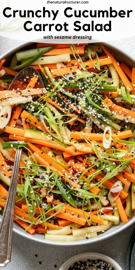 This Cucumber Carrot Salad is Quick to make in just 10 minutes, crisp and crunchy in texture and full of flavor from an easy to make sesame dressing. #veggieloaded Cucumber Carrot Salad, Sneaky Veggies, Veggies Salad, Natural Nurturer, Carrot Salad Recipes, Easy Egg Recipes, Sesame Dressing, Radish Salad, Buddha Bowls