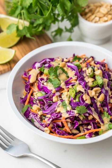 Leftover Purple Cabbage, Purple Cabbage Salad Recipe, Purple Cabbage Salad, Purple Cabbage Recipes, Bbq Spread, Salad With Peanut Dressing, Peanut Salad, Cabbage Salad Recipes, Peanut Dressing