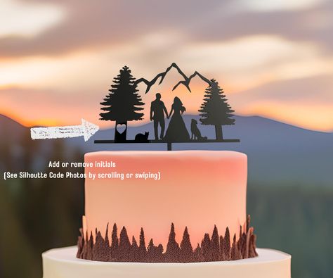 Our Custom Mountain Wedding Cake Topper are made from high quality, cast acrylic, & quality sourced wood, they make the perfect keepsake/memento that will last for years to come. Our Bestselling Silhouette Wedding Cake Topper with Scenic Mountain Outdoor Memories or Activities all personalized to suite. We want to make this perfect for your special day, so please don't hesitate to send us an Conversation so that we can provide you with world-class customer service! We wanted to invite you to opt Wedding Toppers Unique, Mountain Cake Topper, Wedding Cake Forest, Mountain Wedding Cake, Mountain Cake, Silhouette Wedding Cake, Wedding Cake Topper Silhouette, Cake Topper For Wedding, Bride And Groom Silhouette