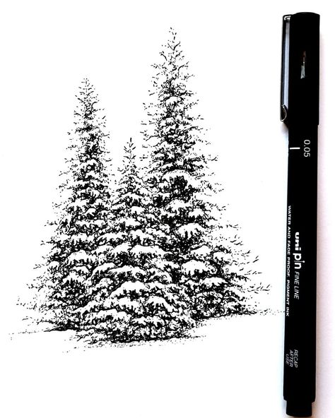 Christmas Sketch, Fineliner Art, Landscape Sketch, Charcoal Art, Doodle Art Designs, Tree Drawing, Christmas Drawing, Winter Art, Bird Drawings