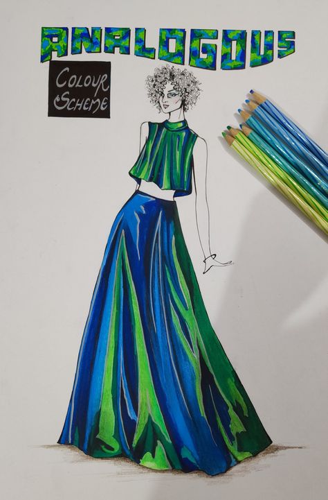 Cool Colour Dress Illustration, Analogous Fashion Illustration, Cool Colour Scheme Drawing, Analogous Color Scheme Fashion, Analogous Drawing, Staedtler Colour Pencil Drawings, Analogous Color Scheme Drawing, Analogous Colour Scheme, Water Colour Illustration