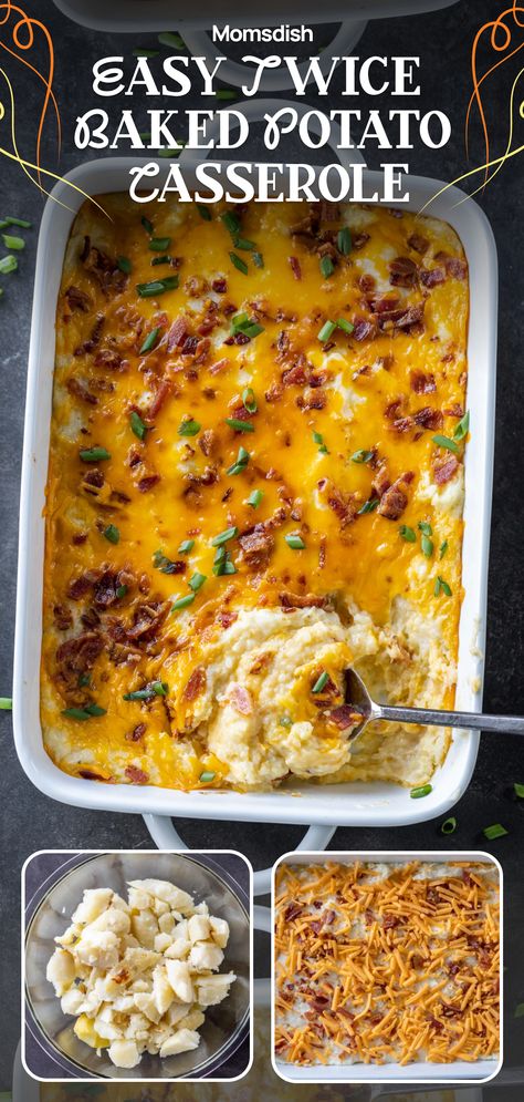 This twice baked potato casserole, with creamy mashed potatoes, melty cheddar cheese, and crispy bacon bits, is the ultimate comfort food for your 4th of July feast. Dive in and enjoy the deliciousness! Stuffed Baked Potato Casserole, Twiced Baked Mashed Potato Casserole, Double Baked Mashed Potatoes, Baked Potatoe Casserole Recipes, Twice Baked Potatoe Casserole, Mash Potato Casserole, Twice Baked Potatoes Easy, Baked Mashed Potato Casserole, Recipes With Mashed Potatoes