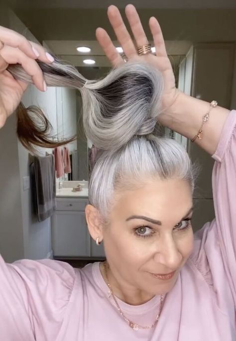 Gray Updo Hairstyles, Grey Hair Updo Older Women, Grey Hair Updo, Grey Hair Updos, Grey Hair Ponytail, Claw Clip Tutorial, Wash My Hair, Grey Hair Transformation, Big Bun