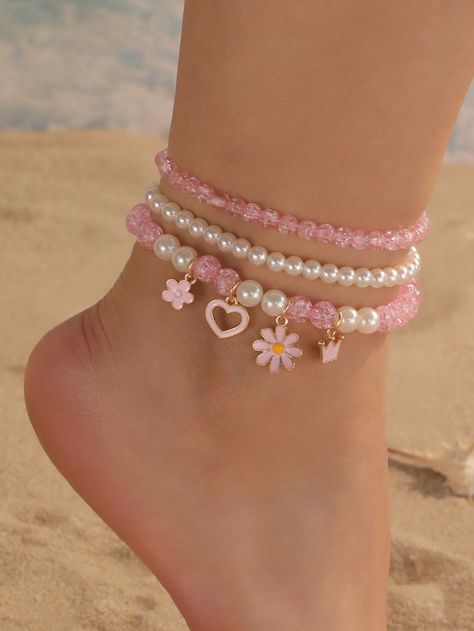 Ensemble de 3 bracelets de cheville avec des perles en daisy, fleur, cœur et perle artificielle pour enfant style plage d'été, accessoire de mode Multicolore    Verre     Teen Jewelry & Watches, size features are:Bust: ,Length: ,Sleeve Length: Cute Anklets Beaded, Pink Anklet, Body Jewelry Diy, Cute Anklets, Butterfly Anklet, Teen Jewelry, Anklets Boho, Rose Bonbon, Ankle Chain