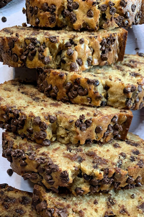 Slices of chocolate chip banana bread. My Country Table, Beautiful Bread, Banana Buttermilk, Chocolate Chip Bread, Loaf Cakes, Chocolate Chip Banana, Country Table, Chocolate Banana Bread, Berries Recipes