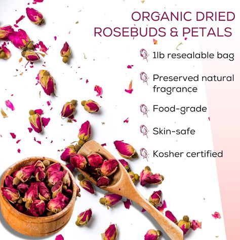 AMAZING RICH CLEAN NATURAL FRAGRANCE – Our dried rose petals and dried rose buds offer an amazing rich clean natural scent that you'll notice right when you open the bag. Ideal for use in potpourris and freshening sachets, making bath soaps, bath bombs, shampoos, rose water toner and other cosmetics, or for infusing in facial masks or eye pillows.CULINARY GRADE ROSE FLAVOR - Our dried edible roses are kosher. They can be added to salads, soups, stew, baked goods, teas and other beverages. DEE... Making Rose Water, Edible Roses, Oil Making, Dried Roses, Rose Water Toner, Drying Roses, Rose Flavored, How To Make Oil, Rose Absolute