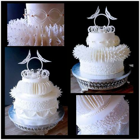 Royal icing piping and Stringworks on wedding cake Wedding Cake Piping Designs Royal Icing, Royal Icing Wedding Cake, Wedding Cake Traditional Piping, Royal Icing Piping, Royal Icing Cakes, Piping Icing, Royal Icing Decorations, Decorator Icing, Creative Lettering