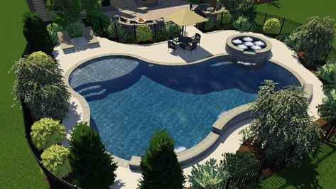 Freeform Pool Model with Raised Wall and Spa - St. Louis' Premier Pool Company Freeform Pool Designs, Oasis Pool, Freeform Pools, Green Pool, Outdoor Pool Area, Pools Backyard Inground, Pool Remodel, Pool Lounger, Concrete Pool