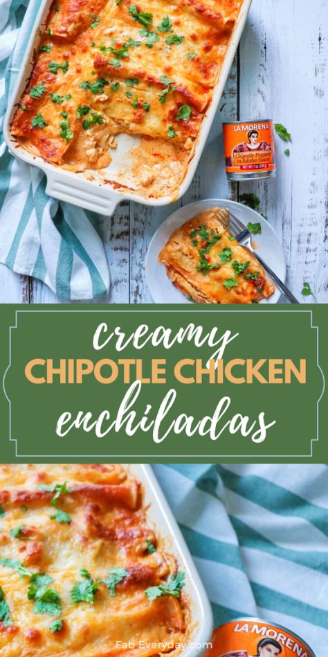 #AD Homemade enchiladas freeze and reheat well, which makes them the perfect dish to share with someone in need. Along with the recipe, I’m sharing tips for how to freeze and reheat them. The star of these chipotle chicken enchiladas is the smoky chipotle cream sauce made with LA MORENA® Chipotle Peppers in Adobo Sauce. Click or visit FabEveryday.com for the chicken enchiladas with creamy chipotle sauce recipe and how to enter the #WeCanwithLaMorena sweepstakes. #PayitForwardwithLM #VivaLaMorena Chipotle Chicken Enchiladas, Creamy Chipotle Sauce Recipe, Chipotle Pepper Recipes, Creamy Chipotle Chicken, Chipotle Sauce Recipe, Adobe Sauce, Creamy Chipotle Sauce, Adobo Recipe, Freezable Meals