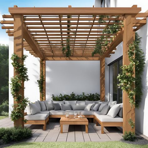 General Exterior Dimensions:  Width: 400 cm (157.5 inches) Depth: 300 cm (118.1 inches) Height: 250 cm (98.4 inches) 🏡🌞 Transform your backyard into a stunning outdoor living area with our DIY Pergola Plans! 🌿 This elegant and durable wooden pergola is perfect for creating a shaded retreat where you can relax, entertain, and enjoy the beauty of your garden. Our professionally designed blueprints and easy-to-follow instructions make it simple for anyone to build a high-quality pergola that add Modern Pergola Triangle, Above Door Purgula, Bali Pergola Tropical, Garden Pergola Ideas Uk, Wooden Pergola Ideas, Pagola Ideas Design, Balcony With Pergola, Pergola Seating Area, Plant Pergola