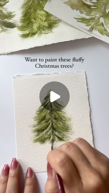 Watercolor Arist | Bree Copley on Instagram: "The key to these fluffy watercolor Christmas trees is a  fan brush! 🎄 You can use any size you want.  In this video I used this Princeton 10/0 fan brush.  Know someone who would love this tutorial? DON’T FORGET TO SAVE & SHARE🥰  Below are some helpful tips and tricks for you to help you when painting these trees 👇🏼   -Using wet on dry method (meaning your paper is completely  dry your brush is slightly wet with color) I started with a lighter color green leaving a bit of negative space and then added darker shade  to the underside of the lighter color giving it more dimension. Make sure each layer dries before adding another.  -When painting these trees you will want to rotate your fan brush using the edge of the brush will give you more of Canvas Painting Christmas Ideas, Sarah Cray Watercolor, Watercolor Trees Tutorial, Christmas Painting Tutorial, Christmas Watercolor Ideas, Wet On Wet Watercolor, Watercolor Christmas Art, Christmas Watercolors, Watercolor Christmas Trees