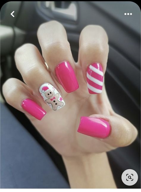 Present Design Nails, Pink Christmas Nails Acrylic Short, Pink Snowman Nails, Bright Pink Christmas Nails, Pink Grinch Nails, Hot Pink Christmas Nails, Bright Christmas Nails, Pink Xmas Nails, Holiday Nails Pink