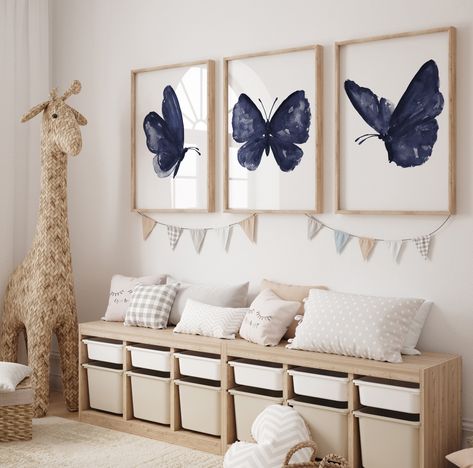 Butterfly Wall Print, Navy Blue Butterfly, Butterflies Nursery, Nursery Painting, Picture Displays, 3 Butterflies, Wall Art Butterfly, Painting Nursery, Butterfly Prints