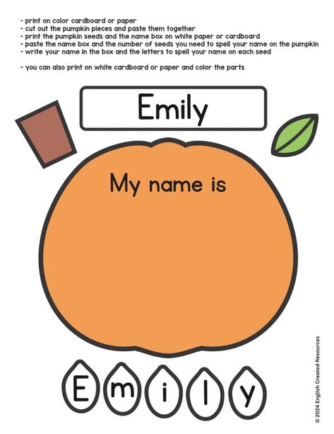 Shape Pumpkins Preschool, Fall Activities For 2 Year Kids At Daycare, Pumpkin Seed Name Craft, Name Recognition Preschool Fall, Fall Name Art Preschool, Pumpkin Names Craft, November Theme Preschool, Fall Books For Preschool, Scarecrow Shape Craft