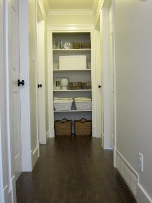 A skinny hallway just like mine (except with a closet at the end instead of a bedroom). Hallway Closet Ideas, Hall Closet Makeover, End Of Hallway, Linen Closet Shelves, House Hallway, Mini Closet, Hallway Closet, Hallway Cabinet, Closet Built Ins