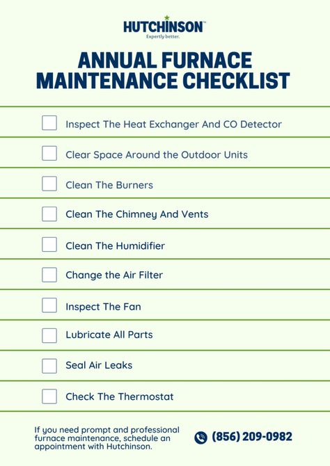 Our annual furnace maintenance checklist for your furnace. Contact us for professional furnace maintenance service in new jersey. Cleaning Template, Furnace Maintenance, Living Space Ideas, Maintenance Checklist, Vent Cleaning, Heat Exchanger, Space Ideas, Diy Home Repair, Cleaning Checklist