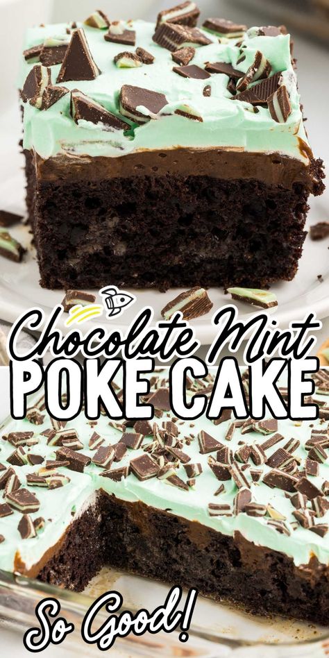 Indulge in the irresistible combination of rich dark chocolate and refreshing mint with our chocolate mint poke cake, a delightful dessert that's both easy to make and impossible to resist. Mint Poke Cake, Poke Cake Recipes Chocolate, Mint Custard, Mint Chocolate Candy, Cheesecake Topping, Chocolate Shards, Mint Cheesecake, Poke Cake Recipe, Mint Cake