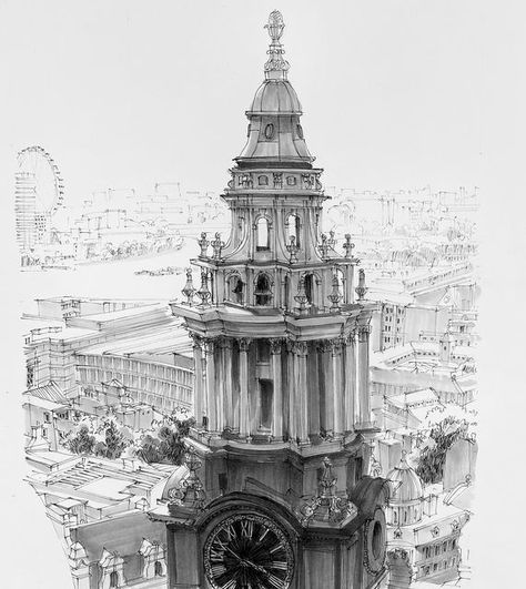 Stephen Travers on Instagram: "Part way up the dome of St Paul’s Cathedral in London is this view of one of the towers. I liked how the level was just right for seeing straight through the uppermost windows. Beyond, the Thames and the city of London stretch into the bright, glare-filled distance." St. Paul’s Cathedral, London Cathedral, S Drawing, City Of London, St Paul, Saint Paul, London City, Ferry Building San Francisco, Big Ben