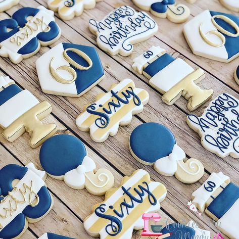 Cookies By Wendy on Instagram: “Cookies for a 60th birthday party. : : : #birthday #birthdaycookies #happybirthday #navy #gold #balloons #birthdaycake #cookiesbywendym…” 65th Birthday Cookies Decorated, 60th Birthday Cookies For Men, 60th Birthday Cookies, 60 Cookies, 70th Birthday Ideas For Mom, 30th Birthday Cupcakes, Royal Cookies, Moms 60th, Gold Cookies