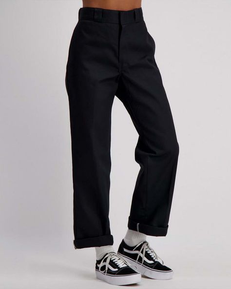 model wearing black trousers with front seams, belt loops and hook and eye closure Dickies Outfit Women, Dickies Pants Outfits Women, Dickies Outfit, Dickie Work Pants, Dickies 874, Dickies Women, Dickies Pants, City Beach, Straight Pants