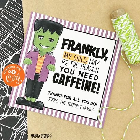 Add a sprinkle of spooky fun this Halloween with these editable Frankenstein gift tags! Perfect for tagging your Halloween treats for teachers, nannies, and babysitters. Whether it's a coffee surprise or a soda pop delight, make it extra special with this funny, printable tag. This is a partially editable file that you will access through Corjl, edit, then download and print on your own. Please carefully read the full description so that you understand what you are purchasing. ★ EDIT RIGHT IN YOUR BROWSER! Print your own Referral Marketing Tags! This template is easy to edit using our design application right in your browser. Edit, download, and then print them out on card stock paper from your home printer or send them to an online printer. You don't need any software or special fonts ins Halloween Treats For Teachers, Frankenstein Printable, Treats For Teachers, Halloween Teacher Gifts, Appreciation Gifts Diy, Teacher Appreciation Gifts Diy, Teacher Gift Tags, Daycare Teacher, Teachers Halloween