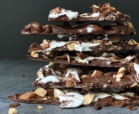 Rocky Road Chocolate Bark Recipe | Candy | Alton Brown Rocky Road Chocolate, Chocolate Bark Recipe, Alton Brown, Recipes With Marshmallows, Marshmallow Creme, Bark Recipe, Almond Bark, Chocolate Marshmallows, Breakfast Drink