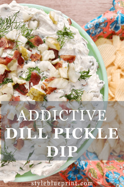 Delicious dill pickle dip with whipped cream cheese, pickles, bacon crumbles, dill, and green onions. So easy, SO GOOD. Creamy Dill Pickle Dip, Hot Dill Pickle Dip, Spicy Dill Pickle Dip Recipe, Dill Pickle Roll Up Dip, Healthy Dill Pickle Dip, Dill Veggie Dip, Cheesy Baked Dill Pickle Dip, Dill Pickle Dip Recipe, Pickle Dip Recipe