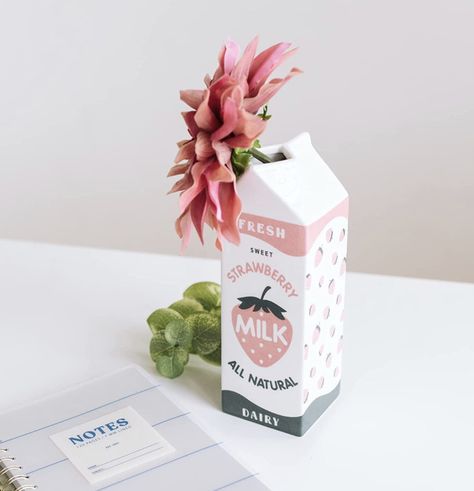 Milk Carton Vase, Ceramic Milk Carton, Strawberry Kitchen Decor, Strawberry Milk Carton, Retro Strawberry, Milk Bottle Vases, Weird Furniture, Strawberry Kitchen, Strawberry Flower