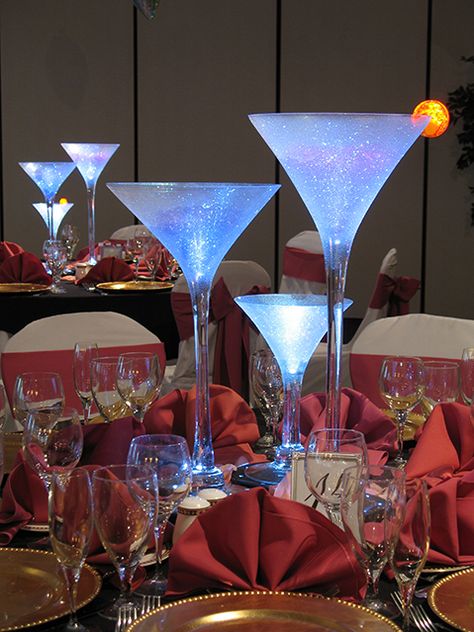 Martini Glass Centerpiece, Martini Party, James Bond Party, Denim And Diamonds, Glass Centerpieces, Casino Theme Parties, Casino Theme, 60th Birthday Party, Vase Centerpieces