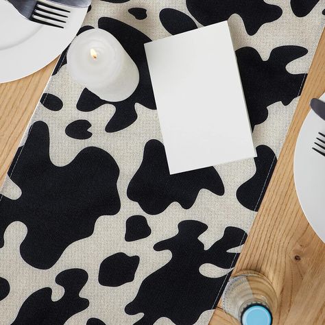 Cow Print Table Runner Farm Black White Cowhide Tablecloth Parties Western Barnyard Cowboy Themed Kids Birthday Party Decoration, Printed Table Runner, Linen Table Runner, Printed Linen, Cow Print, Kids Birthday Party, Table Runner, Table Runners, Kids Birthday