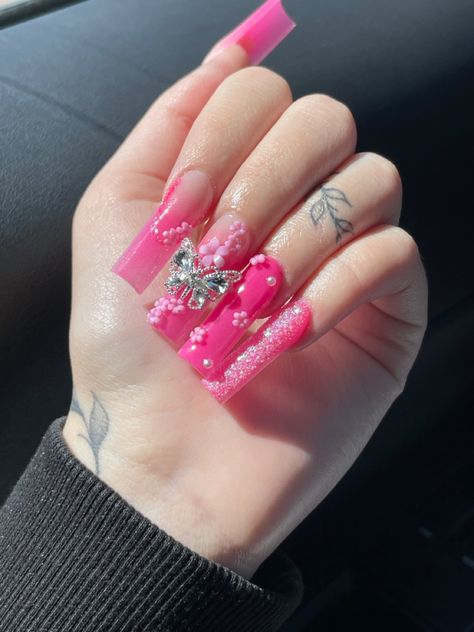 Hot Pink Bedazzled Nails, Hot Pink Cherry Nails, Pink Nails With Butterfly Charm, Hot Pink Nails Birthday, Hot Pink Butterfly Nails, Pink Nails Charms, Hot Pink Barbie Nails, Nails With Butterfly Charms, Hot Pink Prom Nails