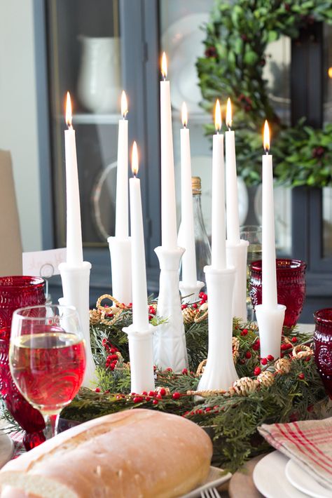 Bud Vase Candle Holder Centerpiece + Christmas Tablescape | blesserhouse.com - Christmas tablescape with bud vases repurposed into a candle holder centerpiece with modern French farmhouse style plus 30 gorgeous Christmas tablescapes. Farmhouse Christmas Tablescapes, Milk Glass Decor, Farmhouse Table Centerpieces, Vase Transparent, Milk Glass Collection, Milk Glass Vase, Christmas Tablescape, Candleholder Centerpieces, Festive Holiday Decor