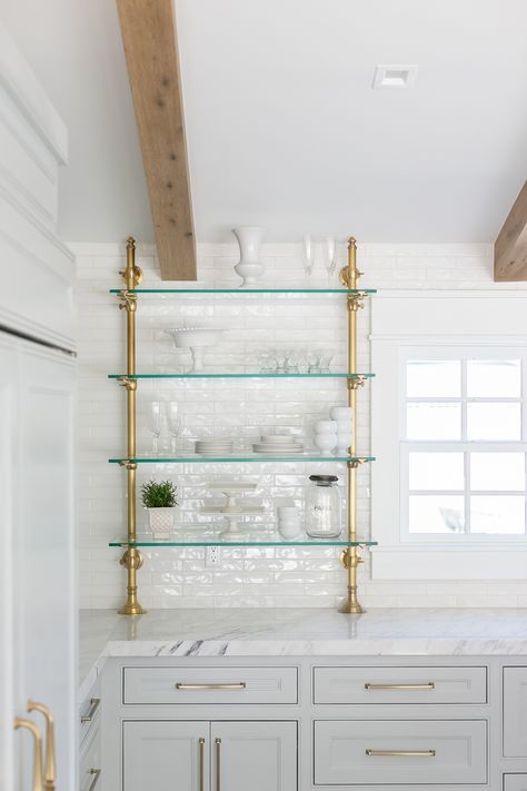 beam work-around ... 1930s French bistro open shelves / shelving ... gold pipe Bistro Shelving, Brass Shelving, Luxury Kitchen Ideas, Glass Shelves Kitchen, Glass Shelving, Expensive Homes, Bar Shelves, Kitchen Finishes, White Kitchen Island