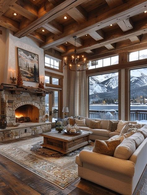 Log Houses Mountain Living Room, Log Houses, Log House, Mountain Living, Mountain Home, Log Homes, Open Concept, Future House, Home Living Room