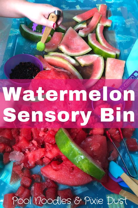 Have some fun this summer with a Watermelon Sensory Bin! - Pool Noodles & Pixie Dust Watermelon Activities, Sensory Water, Sensory Bin Ideas, Toddler Sensory Bins, Watermelon Crafts, Toddler Teacher, Baby Sensory Play, Baby Fruit, Sensory Crafts