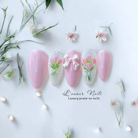 Gorgeous press-on nails with hand-painted tulips. Get 20% OFF on Etsy, shop now :https://lamournailsuk.etsy.com #pressonnails #weddingnails #pressonnailsuk #handpainted #applypressonnails #beauty #nails #nailsartvideos #nailsart #nailtech #naildesigns #nailinspo Tulip Flower Nails, Tulips Nails, Tulip Nail Art, Tulip Nails, Nail Store, Acrylic Press On Nails, Tulip Flower, Nail Art Inspiration, Tulips Flowers