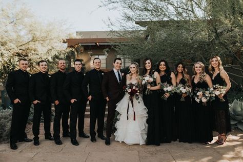 Groom Suit No Jacket, Black And White Bridal Party Attire, All Black Bridal Party Attire, Bridesmaid Outfits, Wedding Groomsmen Attire, Black And White Wedding Theme, Botanical Garden Wedding, White Wedding Theme, Desert Botanical Garden