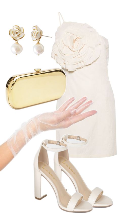 White short dress with white tulle gloves, gold clutch, white heels, white earrings Off White Heels, Floral Dress White, Tulle Gloves, Mini Floral Dress, Golden Mirror, Bridal Shower Outfit, Bridal Gloves, White Tulle, White Heels